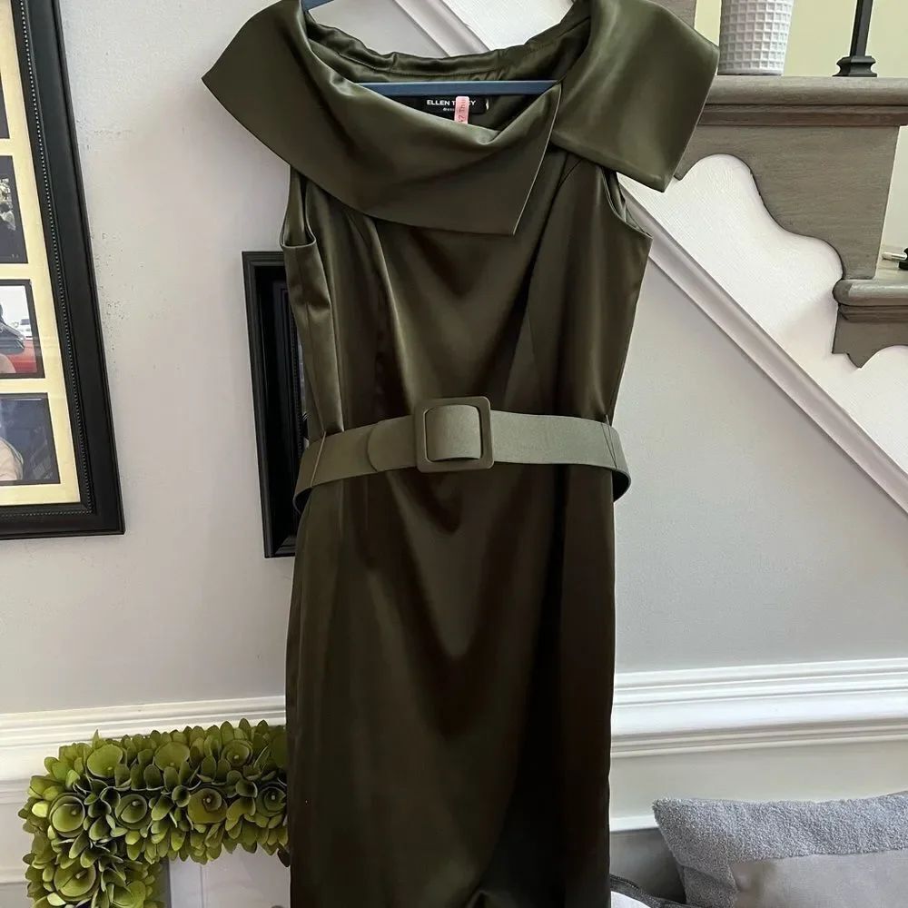 Ellen Tracy Forrest Green Satin Portrait Collar Belted Dress sz 12 EUC
